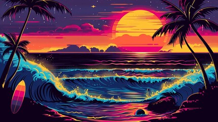 Retro 80s comic beach, neon-colored waves, palm trees with bold outlines, exaggerated surfboards, vibrant sun setting over the ocean, dynamic lines