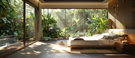 Fototapeta premium Bedroom in a tropical residence with floortoceiling windows and garden access, octane , ,