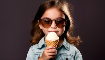 cute little girl with sunglasses eating a cone of ice cream on a studio background