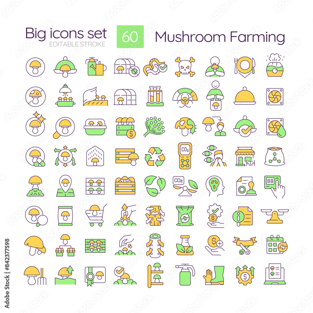 Sticker Mushroom farming and cultivation RGB color icons set. Mushroom growing and harvesting. Fungiculture. Isolated vector illustrations. Simple filled line drawings collection. Editable stroke