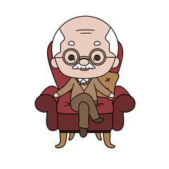 An old man is sitting in a red chair with a white background