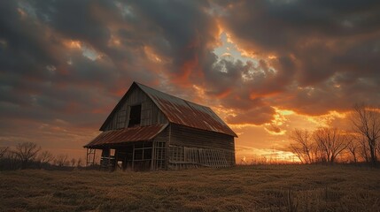 Fototapeta premium Slanted roof of an old barn under twilight, gentle contrast of warm orange sunset and darkening clouds, rustic and serene