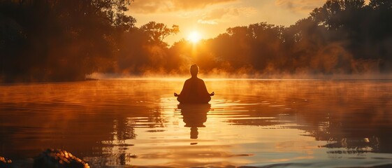 Cultivating gratitude habits A serene sunrise over a calm lake, with a person meditating