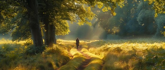 Reducing negative thoughts A serene landscape with a person walking along a forest path