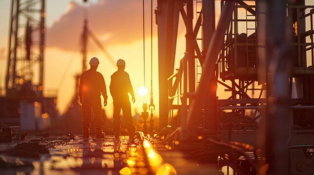 Soft, blurred depiction of oil drillers operating under an oil derrick at sunset, with a focus on the rugged and raw atmosphere of the scene