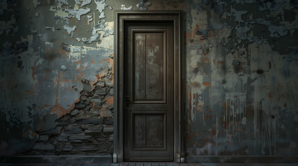 A closed door with the sounds of screams coming from behind it, suggesting conflict and tension inside.