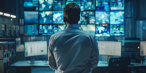 Fototapeta premium A security guard commands a central control panel for real-time surveillance and monitoring.