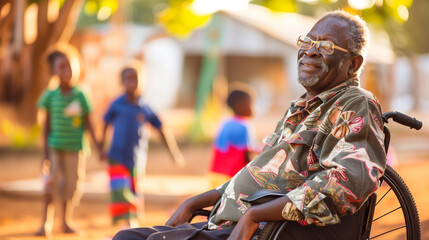 A former soldier sitting in a wheelchair, calmly watching the children play happily, rejoicing in their carefree happiness.