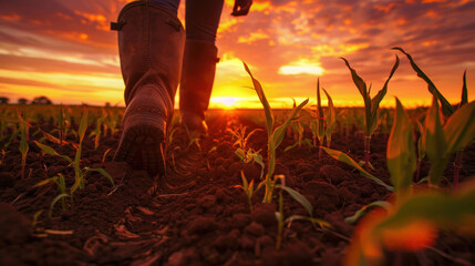 Agricultural, farmer boots moving away from the camera in a cornfield at sunset, with sprouting corn plants and a warm, glowing sky.