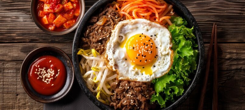 Classic bibimbap  korean rice bowl with fried egg, beef, and assorted vegetables
