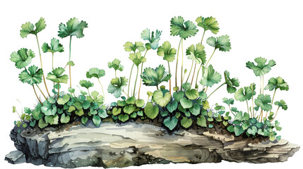 Illustration of lush green foliage growing on a fallen, moss-covered log, showcasing natural beauty and growth in a forest setting.