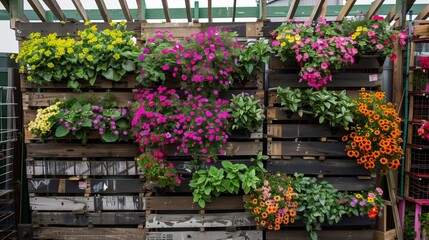 Vertical planters from recycled railway sleepers, filled with colorful flowers, add vibrant, eco-friendly charm.