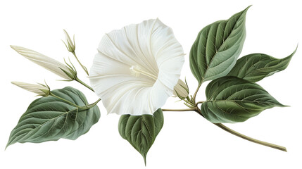 Detailed illustration of a white morning glory flower with green leaves, highlighting its delicate petals and intricate details.