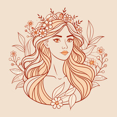tranquil line art portrait of a woman with a simple wreath of wildflowers resting above her serene expression
