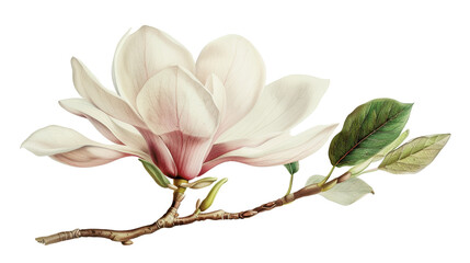 Elegant illustration of a magnolia flower on a branch with green leaves, showcasing delicate petals and natural beauty against a white background.