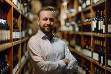 Obraz premium A man standing in a wine cellar, smiling at the camera.