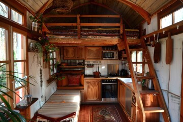Fototapeta premium The interior of a tiny home shows a warm and inviting living space with wooden accents and efficient design