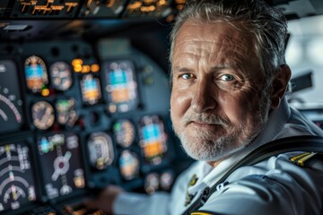 Obraz premium A pilot in uniform is sitting in the cockpit of an airplane.