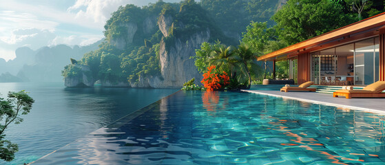 Obraz premium Bright tropical residence with infinity pool and panoramic landscape, octane , ,