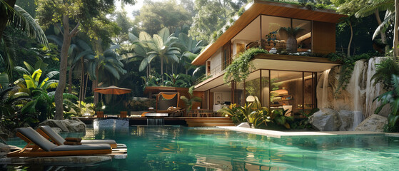 Bright tropical residence with large balcony and panoramic views, octane , ,