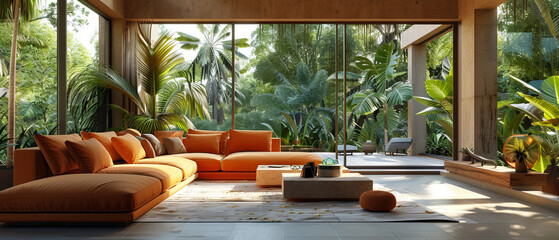 Fototapeta premium Bright tropical residence with modern design and large glass doors, octane , ,