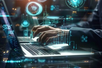 Data protection illustration featuring businessman using laptop with internet technology network and holographic biometrics