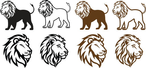 Obraz premium Royal flat king lions icons Set. Zoology illustration, majestic predator safari animals designs template. lions crown symbols collection. Premium luxury brand identity logos on transparent background.