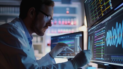 An analyst in a dark room attentively examines graphs and data on multiple computer screens, working on advanced analytics