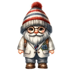 Cute cartoon gnome wearing glasses and a striped beanie, Transparent background