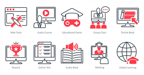 A set of 10 online education icons as web tools, audio course, educational game