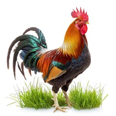 chicken rooster in the farm grass isolated on white background 