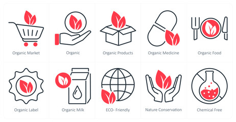 A set of 10 organic farming icons as organic market, organic, organic products