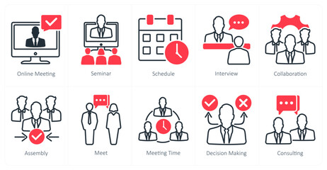 A set of 10 meeting icons as online meeting, seminar, schedule