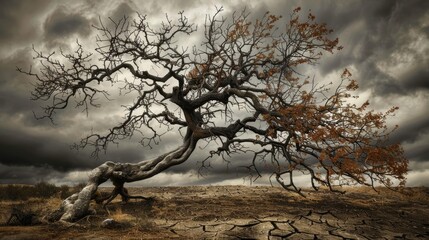 Twisted tree under an ominous stormy sky, branches contorted in unnatural shapes, dry, cracked earth below, creating menacing shadows