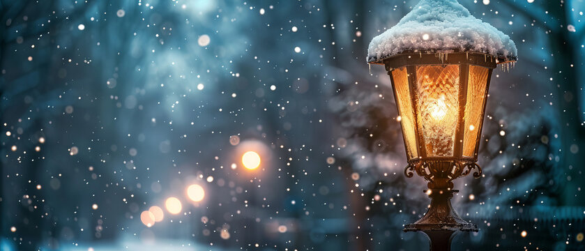 Closeup of a snowcovered street lamp with a snowy background