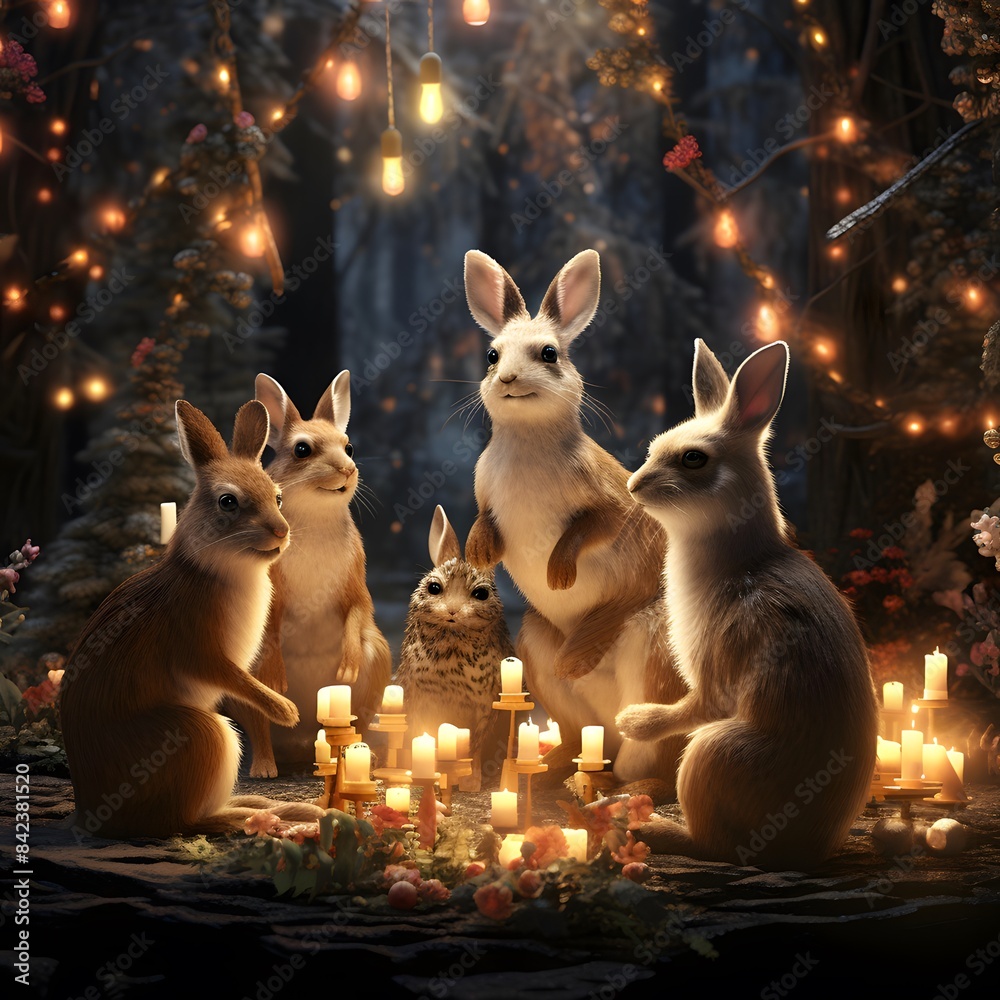 Wall mural bunny family in the forest with candles on a dark background. - Wall murals