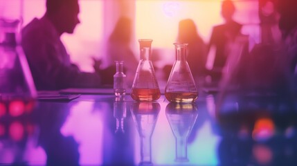 Abstract image of out-of-focus people highlighted by colorful chemical flasks in a lab setting