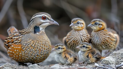 Adorable Quail Chicks. Poultry background.
