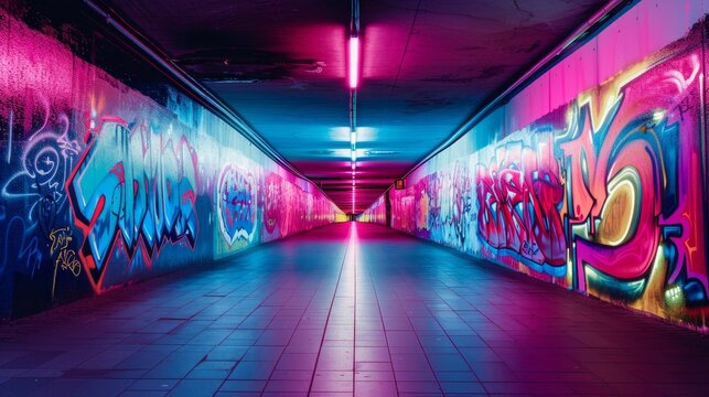 Vivid graffiti stretching along the walls of a sleek, modern urban tunnel, intricate designs and vibrant colors glowing under soft artificial lighting