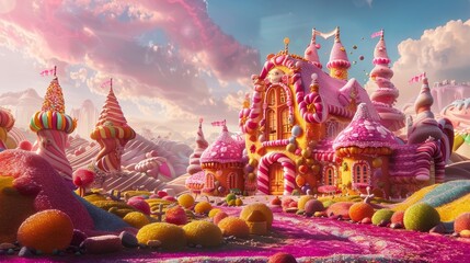 Whimsical candy land, bright and cheerful colors, oversized candy structures, rolling hills of sweets, comic-style shading and detailing, joyful atmosphere