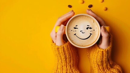 A close-up view of a womans hands holding a coffee mug with a cheerful, winking smiley face drawn in the foam. The mug is positioned against a bright yellow background, creating a cheerful 