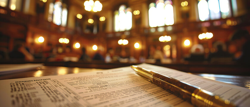 Closeup of legal documents and a pen in a courtroom