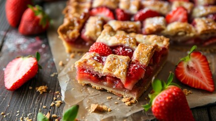 Strawberry pie bars on wooden rustic background