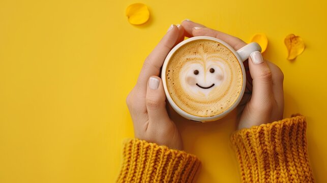 A womans hands holding a coffee cup with a smiley face drawn in the foam, on a bright yellow background. Generative AI