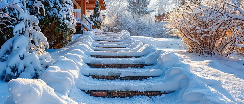 Closeup of snowcovered steps leading to a house with a snowy yard