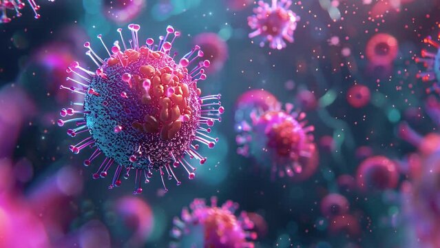 Viruses in infected organism. Microscopic view of influenza virus cells. Microbiology And Virology Concept. abstract 3d viruses. Health threatening virus. Realistic deadly virus model. 