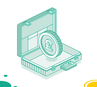 recommend clip art: Business briefcase with pound coin. Isometric outline concept. 3d object.