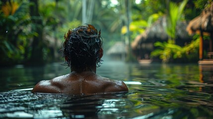 Fototapeta premium Native tribal man swimming in amazonia rainforest