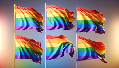 Vibrant Collection: Five Unique Rainbow Flags Showcasing Diverse Patterns and Colors on a Neutral Background Celebrating LGBTQ+ Pride