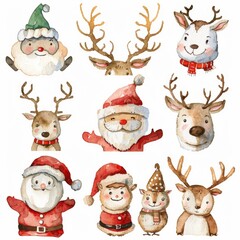 Fototapeta premium A charming watercolor collection featuring a set of cute Christmas characters.